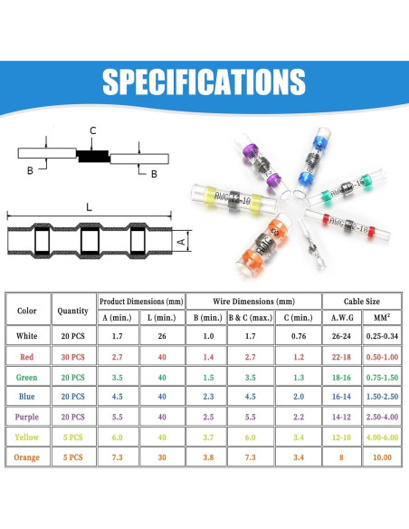 120 Conectores de Cable Termoretráctiles Camtek 26-8 AWG