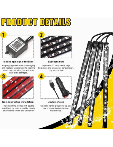 Luces LED de Interior para Auto Povtii, 4 Tiras Multicolor