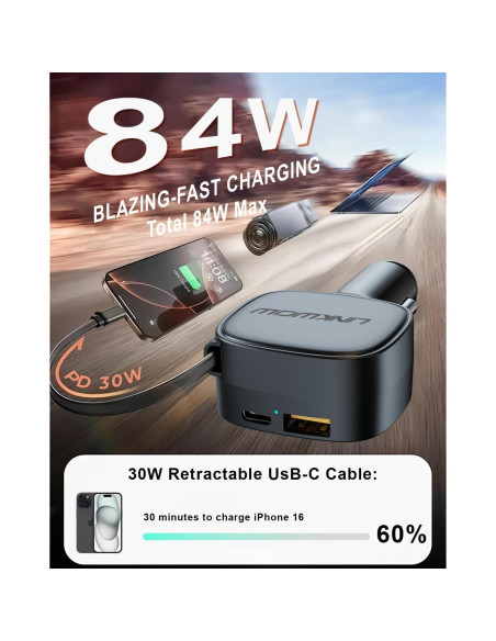 Cargador de Coche LINKWOW 84W USB-C Retráctil con Cable