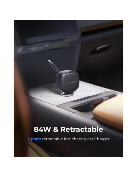 Cargador de Coche LINKWOW 84W USB-C Retráctil con Cable