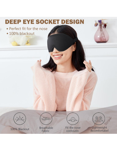 Máscara de Ojos 3D IAOVENN Negra Ajustable para Dormir