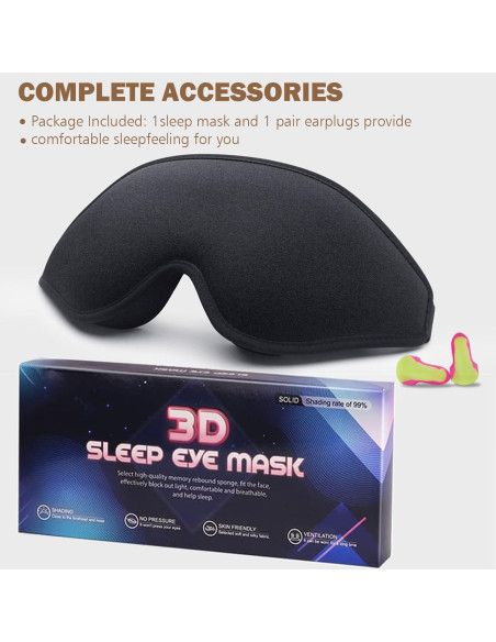 Máscara de Ojos 3D IAOVENN Negra Ajustable para Dormir