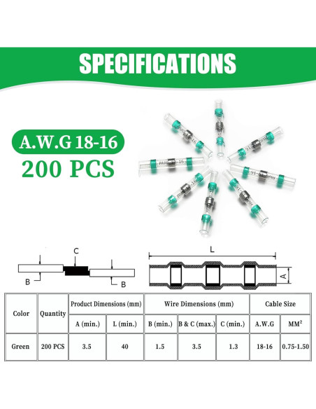 200 Conectores de Cable Verde Camtek 18-16 AWG Aislados