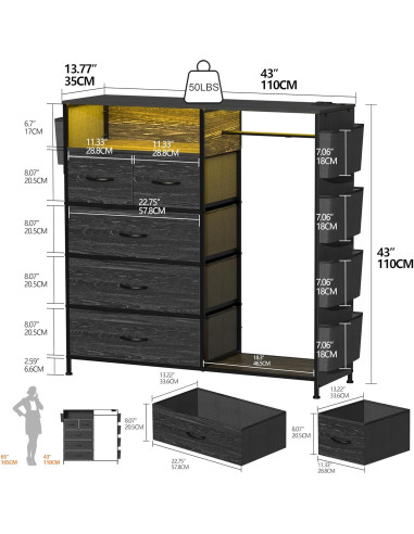 Cómoda Espelism de 5 Cajones con Estante y Luces LED RGB