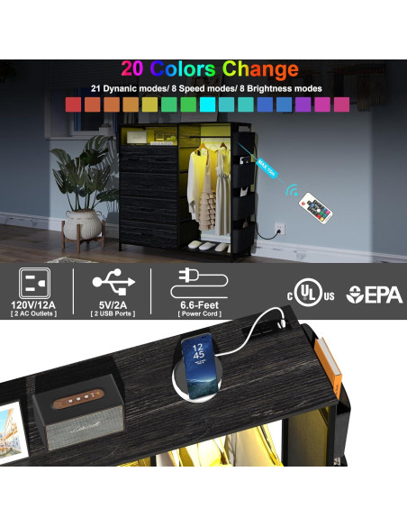 Cómoda Espelism de 5 Cajones con Estante y Luces LED RGB