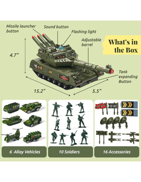 Juego de Tanque Militar Homaisson con Luz y Sonido - 10 Piezas