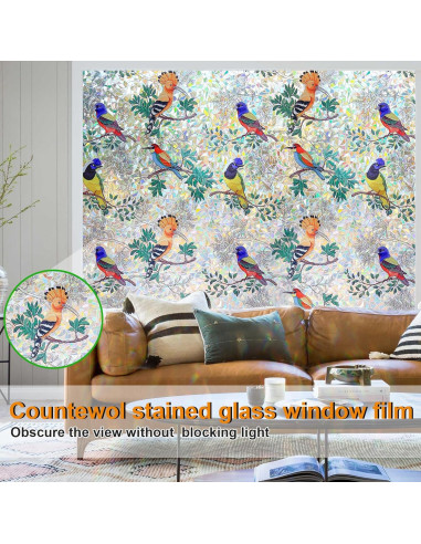 Película de Ventana Privacidad COUNTEWOL Pájaro Colorido 44.5x199.4cm