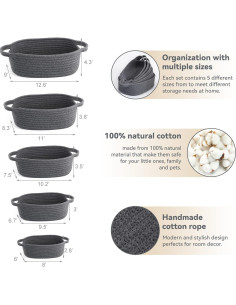 Juego de 5 Cestas de Cuerda VOOWO para Almacenamiento - Gris 2