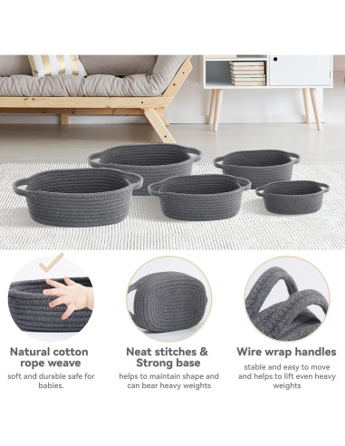 Juego de 5 Cestas de Cuerda VOOWO para Almacenamiento - Gris