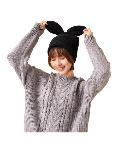 Gorro de orejas de conejo tejido para mujer - Color negro