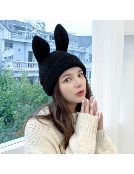 Gorro de orejas de conejo tejido para mujer - Color negro