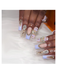 Uñas Postizas Francesas Largas RUOKEXIN con Piedras 3D - 24 Piezas
