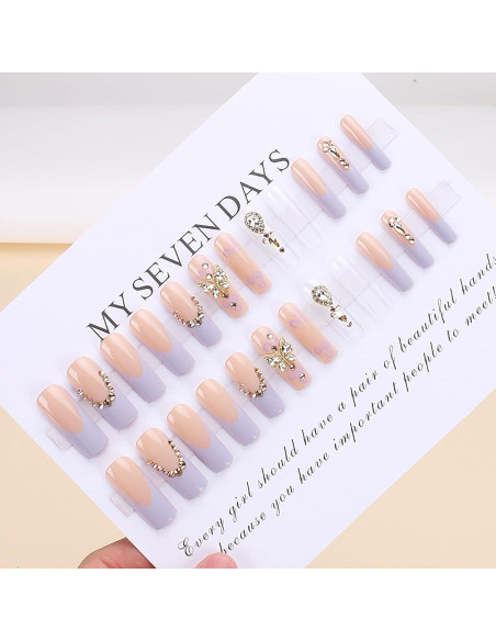 Uñas Postizas Francesas Largas RUOKEXIN con Piedras 3D - 24 Piezas