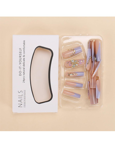 Uñas Postizas Francesas Largas RUOKEXIN con Piedras 3D - 24 Piezas