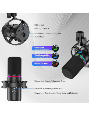 Micrófono Dinámico USB XLR FerBuee WS805 con Luz RGB