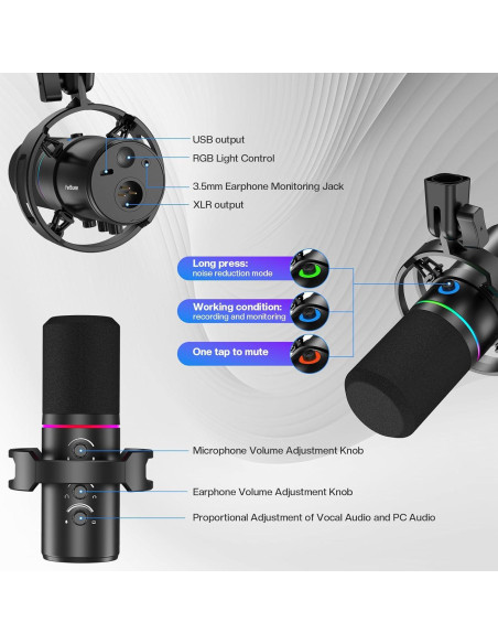 Micrófono Dinámico USB XLR FerBuee WS805 con Luz RGB