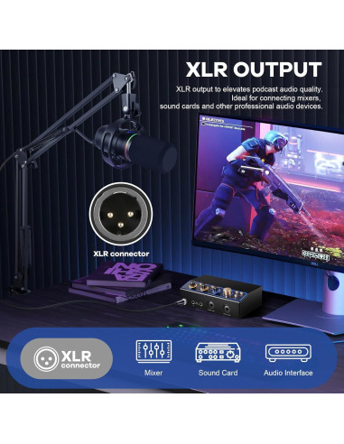 Micrófono Dinámico USB XLR FerBuee WS805 con Luz RGB