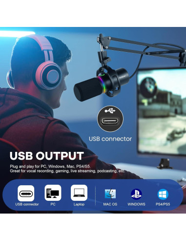 Micrófono Dinámico USB XLR FerBuee WS805 con Luz RGB