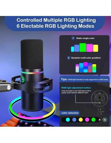 Micrófono Dinámico USB XLR FerBuee WS805 con Luz RGB