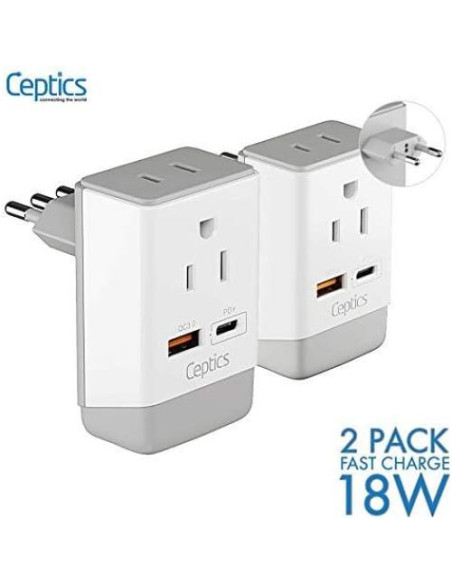 Adaptador de Enchufe Ceptics 2 Pack Tipo C y L para Europa