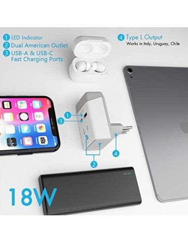 Adaptador de Enchufe Ceptics 2 Pack Tipo C y L para Europa