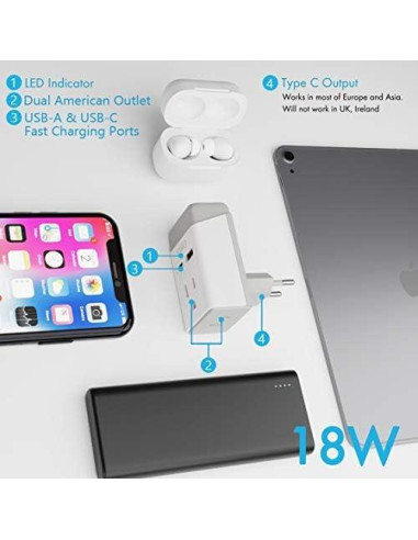 Adaptador de Enchufe Ceptics 2 Pack Tipo C y L para Europa