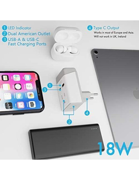 Adaptador de Enchufe Ceptics 2 Pack Tipo C y L para Europa