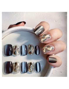 Uñas Postizas Cortas Squoval VESWEET Ojo de Gato Negro 28 Piezas