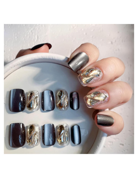 Uñas Postizas Cortas Squoval VESWEET Ojo de Gato Negro 28 Piezas