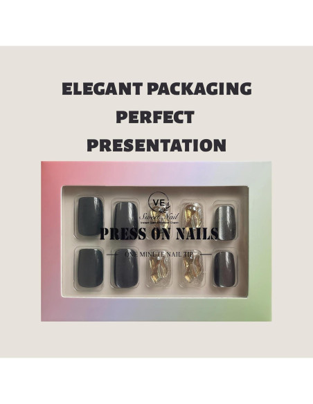 Uñas Postizas Cortas Squoval VESWEET Ojo de Gato Negro 28 Piezas