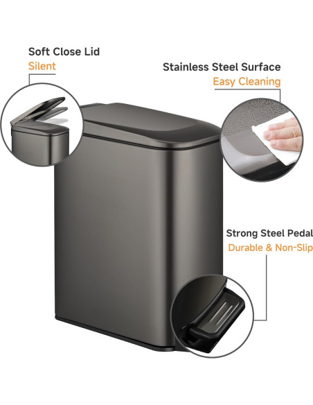 Papelera de Baño TIPGO Slim 6L con Tapa Cierre Suave - Negro Dorado