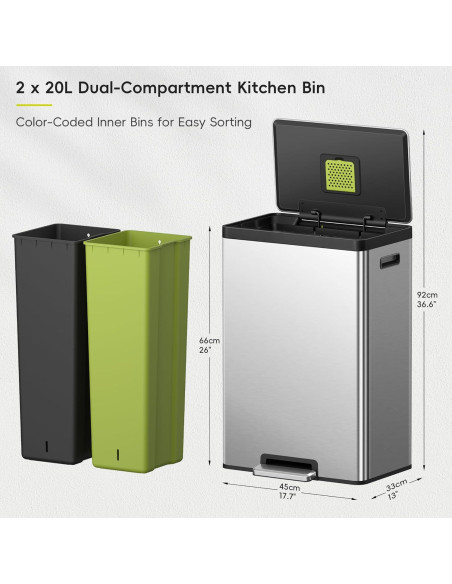 Cubo de Basura EKO EcoCasa II 40L Doble Compartimento Acero Inoxidable