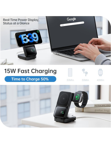 Estación de Carga Inalámbrica 3 en 1 GUSGU 15W para iPhone y iWatch