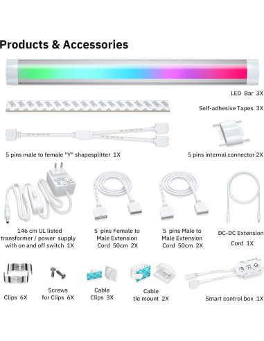 Luces LED de tira RGB LAMPAOUS 30.48cm 3PCS control Alexa