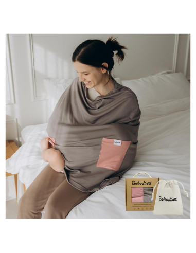 Cubierta de Lactancia de Bambú 6 en 1 con Bolsillos Beige/Rosa