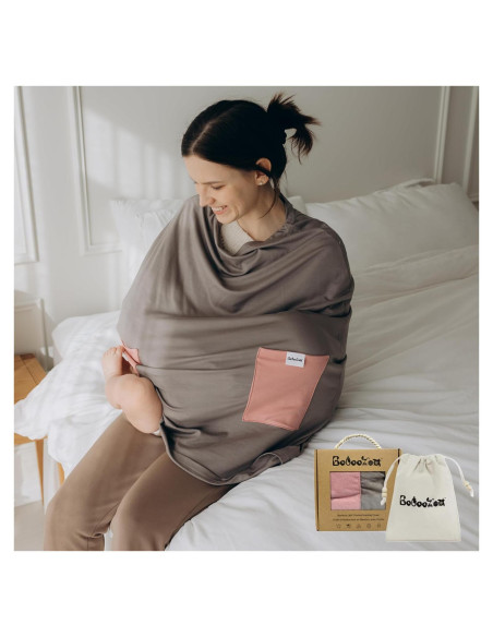 Cubierta de Lactancia de Bambú 6 en 1 con Bolsillos Beige/Rosa
