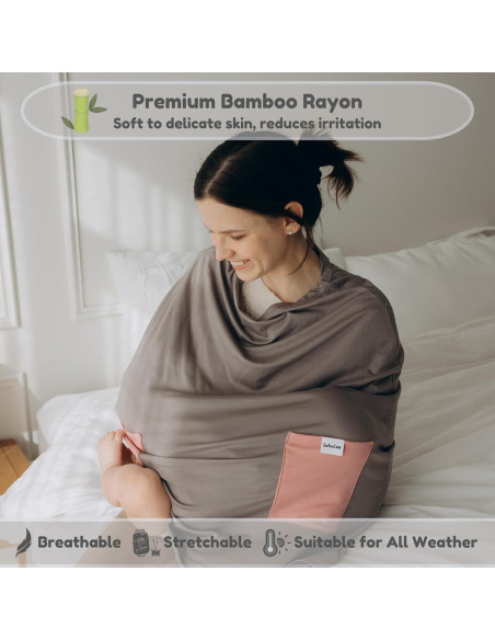 Cubierta de Lactancia de Bambú 6 en 1 con Bolsillos Beige/Rosa