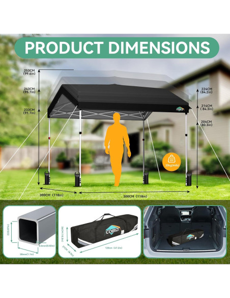 Carpa Plegable COBIZI 3x3m Impermeable UV50+ con Pared Lateral