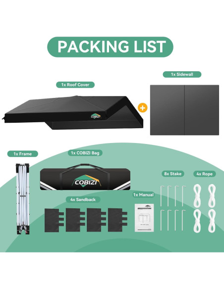 Carpa Plegable COBIZI 3x3m Impermeable UV50+ con Pared Lateral