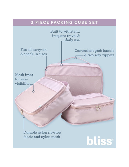 Cubos de Empaque Bliss 3Pcs Malva - Organizador de Viaje Nylon