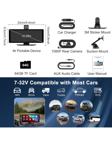 Pantalla Carplay 10.26" Accfly HD con Cámara 4K y GPS