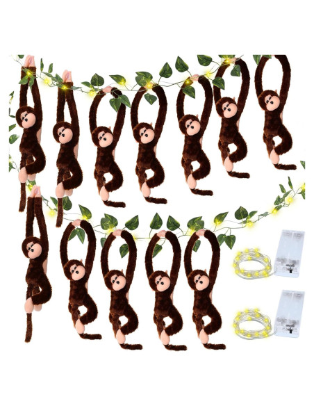 12 Monos Colgantes de Peluche Marrón con Luces LED y Hiedra