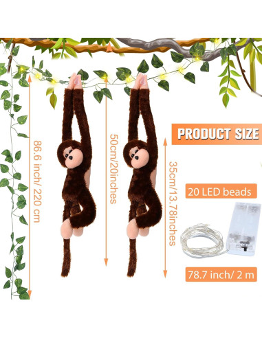 12 Monos Colgantes de Peluche Marrón con Luces LED y Hiedra
