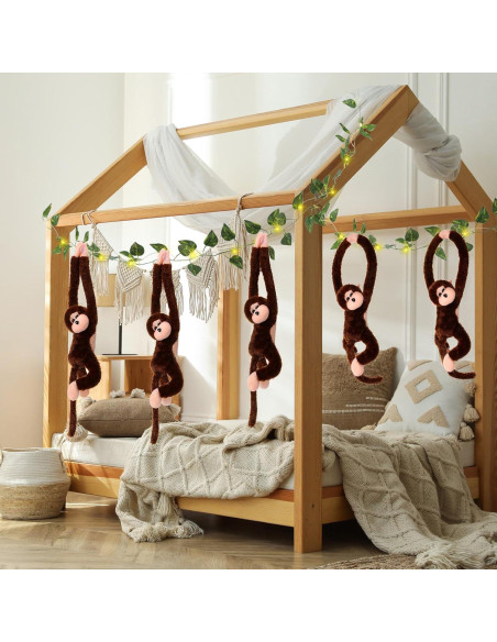 12 Monos Colgantes de Peluche Marrón con Luces LED y Hiedra