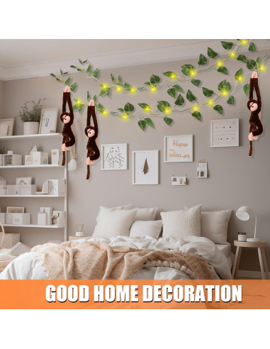 12 Monos Colgantes de Peluche Marrón con Luces LED y Hiedra