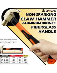 Martillo de Garra No Chispeante WEDO 0.23kg 280mm Bronce de Aluminio 2