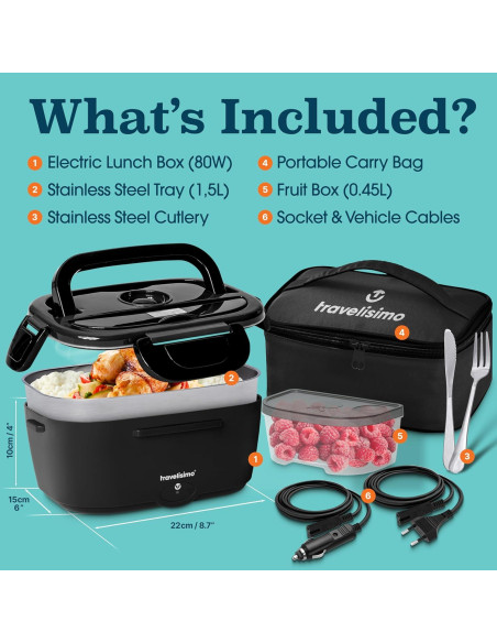 Caja de Almuerzo Eléctrica TRAVELISIMO 1.5L 80W Acero Inoxidable