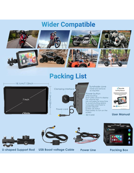 Pantalla GPS Carpuride W702 para Motocicleta 7" Táctil IP67