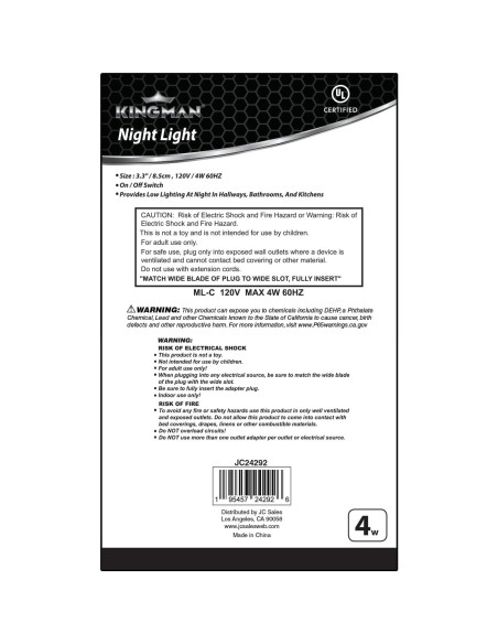 Luz Nocturna Enchufable Kingman 4W Blanca Cálida Certificada UL