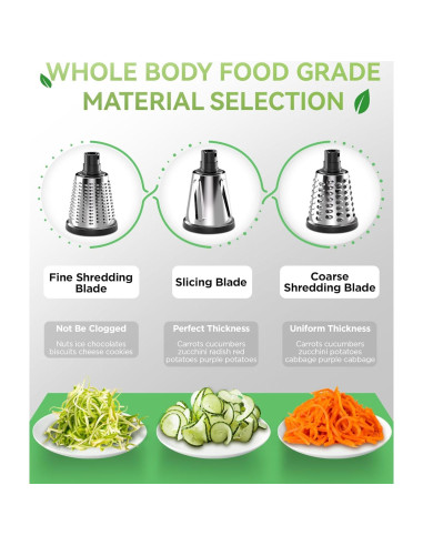 Rallador de Queso MERIOR con Manivela y 3 Cuchillas Inox